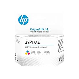HP Tri-Colour Printhead (3YP17AE) in a white box featuring blue HP logo, with colored dots representing cyan, magenta, and yellow, emphasizing vibrant and precise printing.