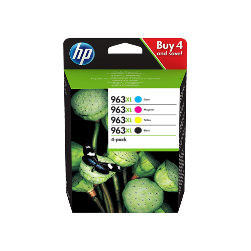 HP 963XL ink cartridge multi-pack featuring black, cyan, magenta, and yellow cartridges, with a vibrant green and black packaging design and a butterfly graphic.