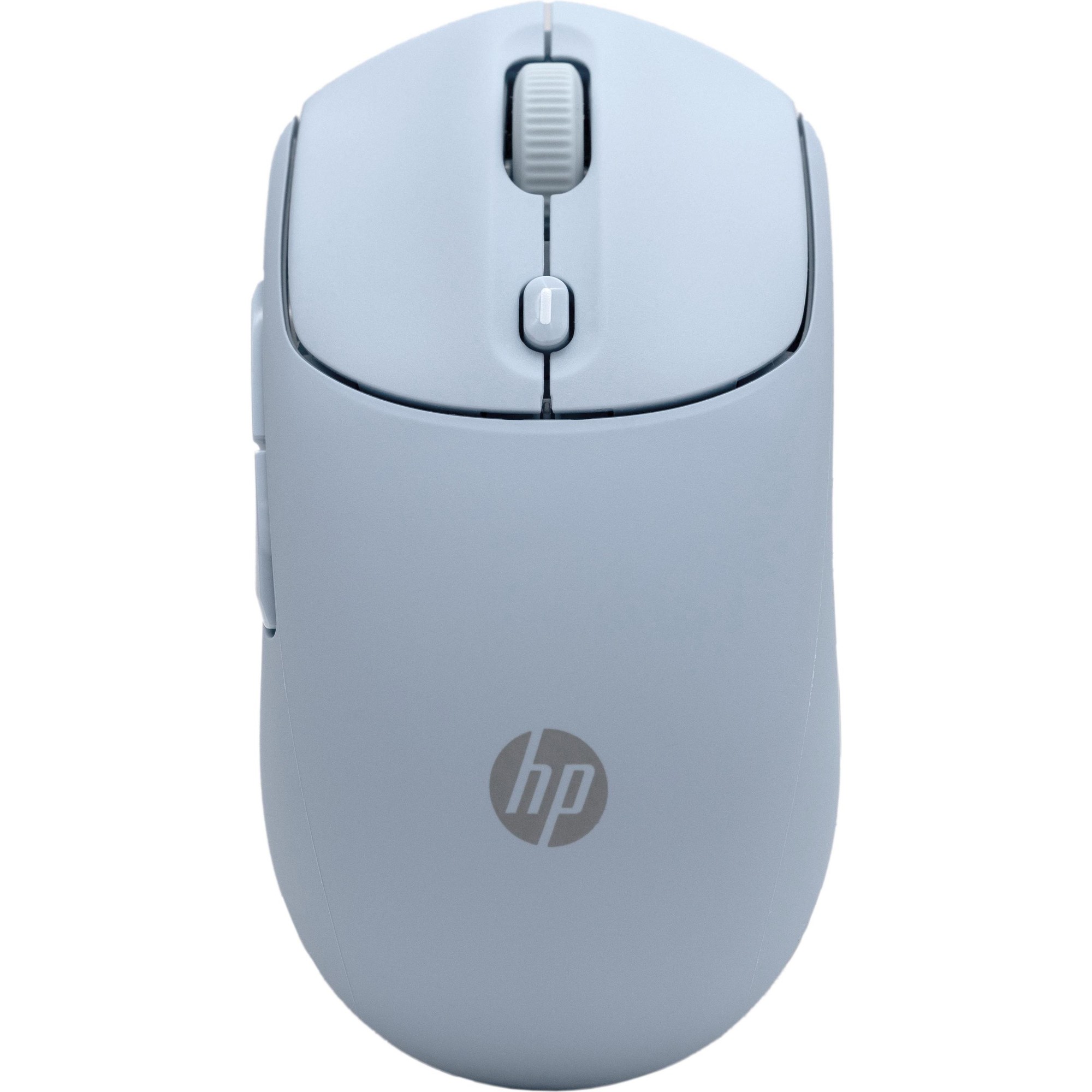 Light gray HP 400 Dual Wireless Mouse featuring a smooth surface, silent clicks, a 2D scroll wheel, and adjustable DPI settings, with the HP logo prominently displayed.