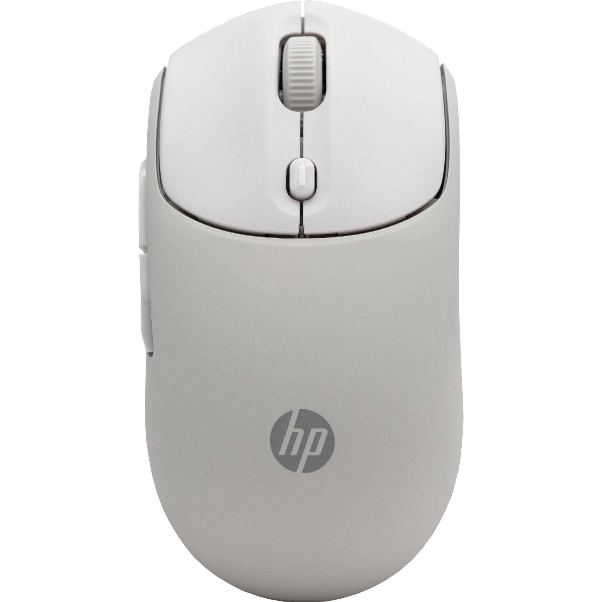 Wireless HP 400 Silent Mouse in a soft gray color, featuring a smooth design, scroll wheel, and HP logo prominently displayed on the top.