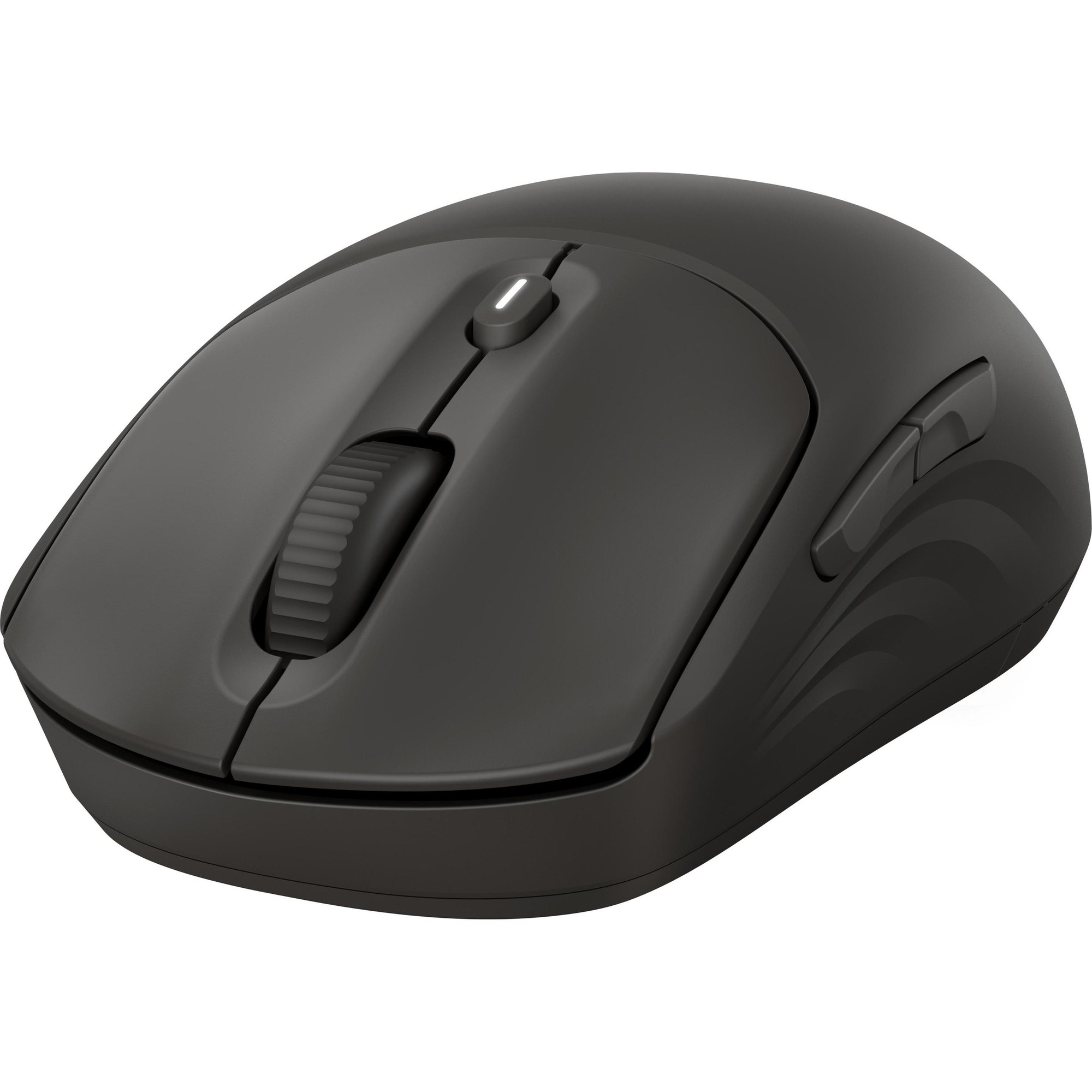 Black wireless mouse with a smooth plastic finish, featuring a scroll wheel, side buttons, and an ergonomic design for comfortable use.