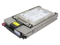 HP 404714-001 internal hard drive with a silver metal casing, labeled with specifications, featuring a black connector and a yellow latch, designed for Ultra320 SCSI systems.