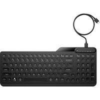 Black HP 405 Multi-Device Backlit Wired Keyboard with compact design and USB cable.