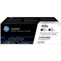 HP 410X 2-pack black toner cartridges in a black box with white label and blue HP logo.