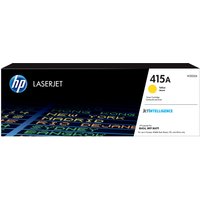 HP 415A Yellow LaserJet toner cartridge box with black top and colorful text design.