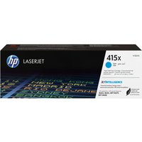 HP 415X cyan LaserJet toner cartridge box with blue accents and HP logo on black background.