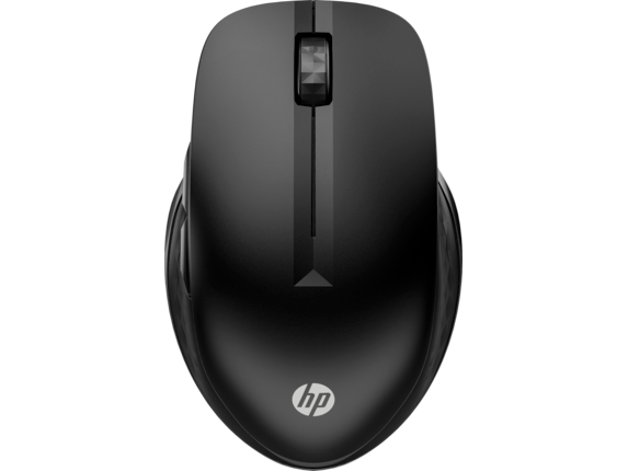 Black HP 430 Multi-Device Full-Size Bluetooth Mouse features a sleek design, smooth surface, and a central scroll wheel, with the HP logo prominently displayed on the bottom.