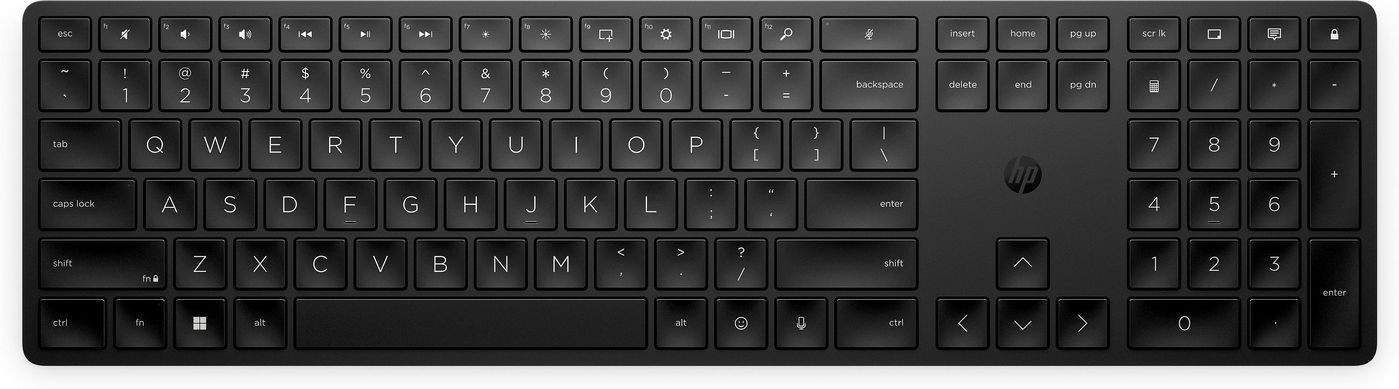 Sleek black wireless keyboard featuring a full QWERTY layout, low-profile keys, and an HP logo, designed for a modern workspace.