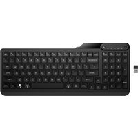 Black HP 475 Dual-Mode Wireless Keyboard with compact layout, numeric keypad, and USB receiver.