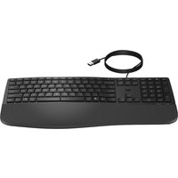 Black HP USB keyboard with full-size layout, number pad, and curved ergonomic design.