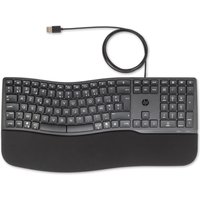 HP 480 Comfort Wired USB AZERTY Belgian keyboard, black, ergonomic design with wrist rest and curved key layout.