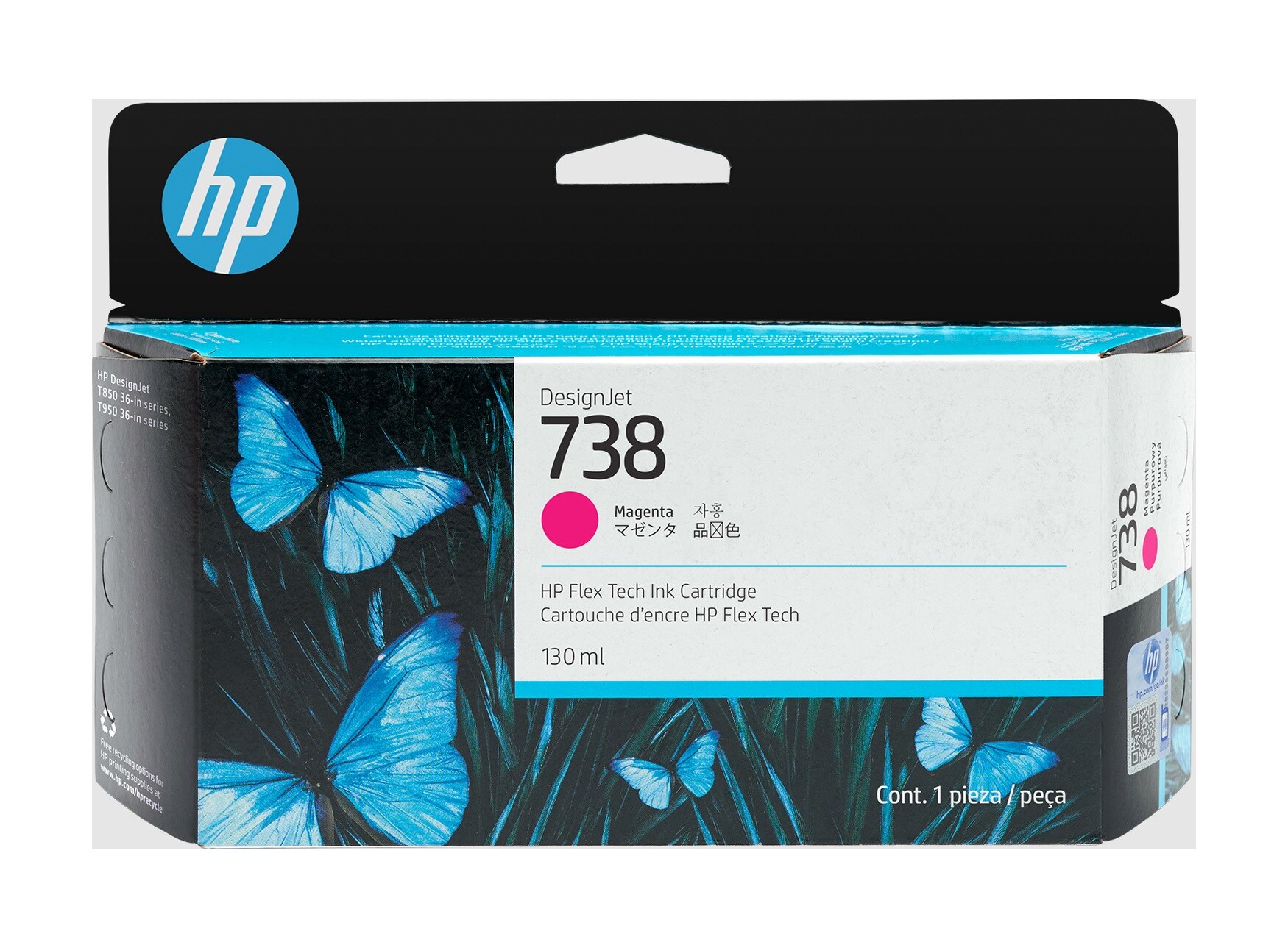 HP 738 magenta ink cartridge packaging featuring a vibrant butterfly design, labeled with "130 ml" and "HP Flex Tech Ink Cartridge" in multiple languages.