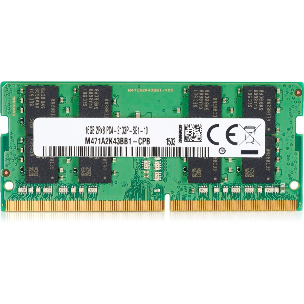 HP 4GB DDR4-2666 SODIMM memory module featuring a green circuit board, gold connectors, and black memory chips, designed for laptops and compact PCs.