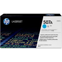 HP 507A Cyan LaserJet toner cartridge box with blue accents and HP logo on black background.