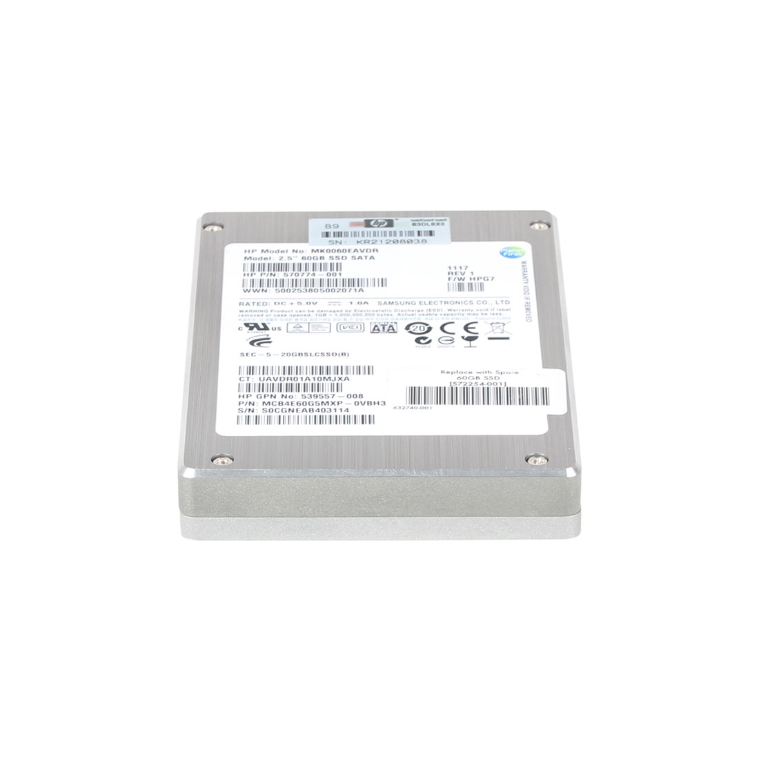 HP 572254-001 Internal Solid State Drive features a silver metal casing, a 2.5" form factor, and a label with technical specifications and certification logos on the top.
