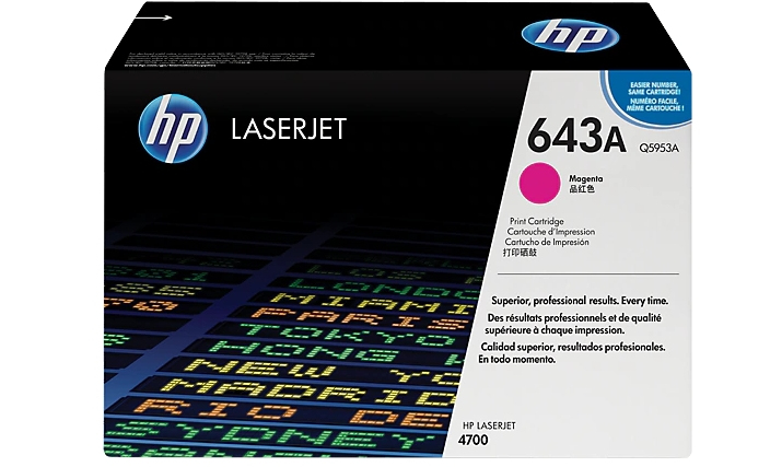 HP 643A original magenta toner cartridge packaging featuring a black box with colorful text and product details, highlighting its professional quality and performance.