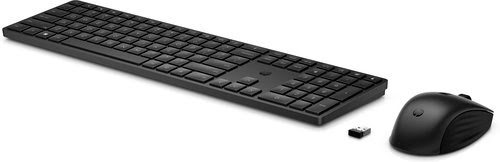 Black HP 650 wireless keyboard with a sleek design and low-profile keys, accompanied by a matching black wireless mouse and USB receiver.