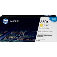 HP 650A Yellow LaserJet toner cartridge box with blue and black design, HP logo, and product details.