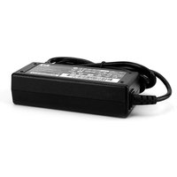 Black HP 65W AC adapter with rectangular shape, attached cable, and 7.4mm connector.