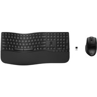 Black HP wireless keyboard with ergonomic wave design and matching mouse, includes USB receiver.