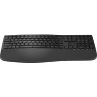 Black HP wireless keyboard with ergonomic wave design, full-size layout, and numeric keypad.