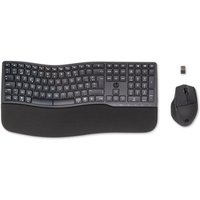 Black ergonomic HP keyboard with wave design, cushioned wrist rest, and matching wireless mouse with USB receiver.