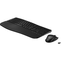 Black HP keyboard and mouse combo with ergonomic design, wireless USB receiver included.