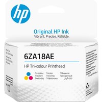 HP 6ZA18AE tri-color printhead box with blue HP logo and vibrant ink droplet icons.