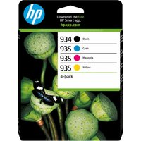 HP ink cartridge multi-pack with black, cyan, magenta, yellow, 10ml and 3x4.5ml, lotus design on packaging.