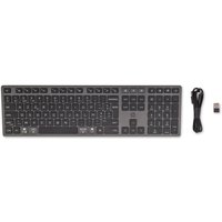 Black HP 720 wireless keyboard with numeric keypad, USB receiver, and charging cable, sleek design for home/office use.