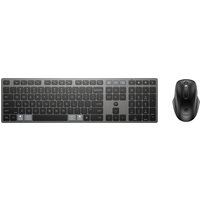 Black and gray HP wireless keyboard with numeric keypad and matching ergonomic mouse.