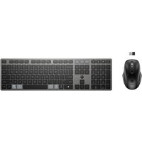 Black and silver HP 725 wireless keyboard and mouse set with USB receiver, featuring slim keys and ergonomic design.