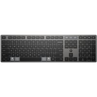 Black HP 725 full-size wireless keyboard with numeric keypad and multimedia keys, sleek design, by Hewlett Packard.