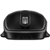 Black HP wireless mouse with ergonomic design, silver scroll wheel, and USB-C charging port.