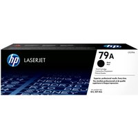 HP 79A black toner cartridge box with blue HP logo and LaserJet branding on black and white packaging.