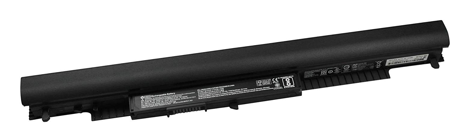 Black HP 807956-001 laptop battery with a sleek design, featuring labels and safety certifications on one side, and a connector on the end for easy installation.