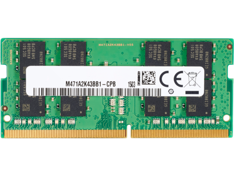 HP 8GB DDR4-3200 SODIMM RAM module featuring a green circuit board with black memory chips and gold connectors, designed for laptops and compact systems.