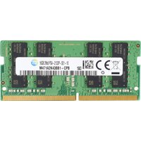 Green HP 8GB SODIMM DDR4 memory module with black chips and white label with text and QR code.
