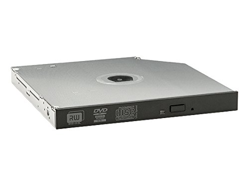 HP 9.5mm Slim SuperMulti DVD Writer Drive in silver and black, featuring a textured surface, disc tray, and labeled buttons for easy use.