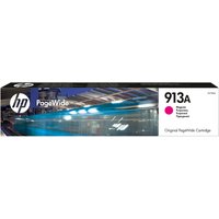 HP 913A Magenta PageWide cartridge in black and white box with magenta dot and HP logo.