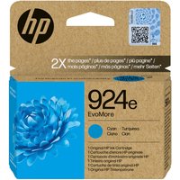 HP 924e EvoMore Cyan Ink Cartridge in eco-friendly brown box with blue flower design and HP logo.