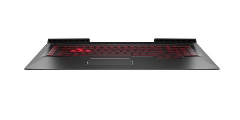 Black laptop housing base with a built-in keyboard featuring red backlit keys, sleek design, and a smooth touchpad area.