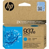 HP 937e EvoMore Cyan Ink Cartridge in brown box with blue flower graphic and QR code.