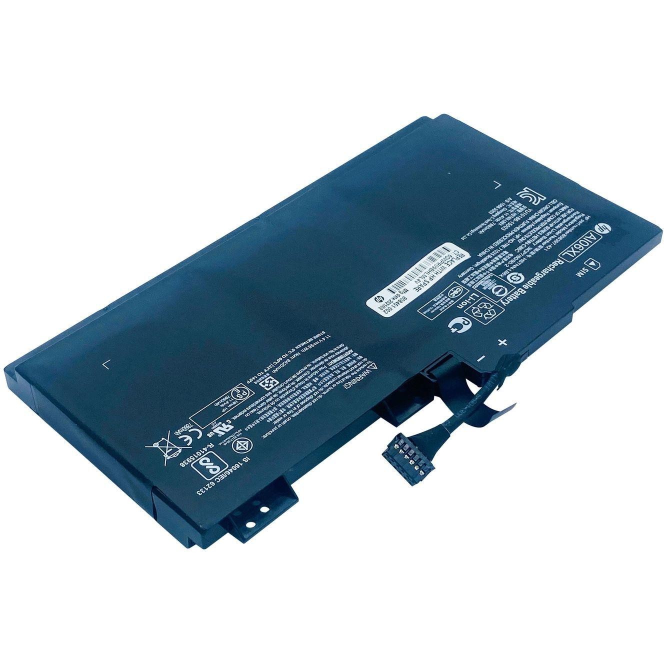 Black HP 96Wh lithium-ion battery with a sleek design, featuring labels and connectors on one side, ideal for powering compatible HP laptops.