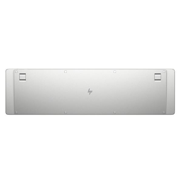 Sleek, white HP 970 programmable wireless keyboard with a minimalist design, featuring a smooth surface and the HP logo centered on the back.
