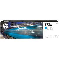 HP 973X cyan PageWide cartridge box with blue stripe and printer image, HP logo on left.