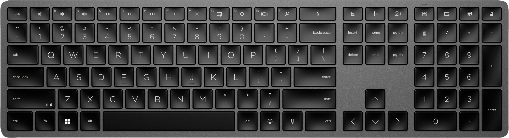 Sleek black HP 975 Dual-Mode Wireless Keyboard featuring a full QWERTY layout, low-profile keys, and a minimalist design for a modern workspace.