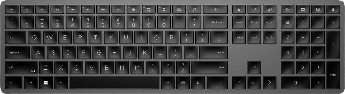 Sleek black keyboard with a full layout, featuring white lettering on keys, multimedia controls, and a minimalist design, ideal for modern computing.