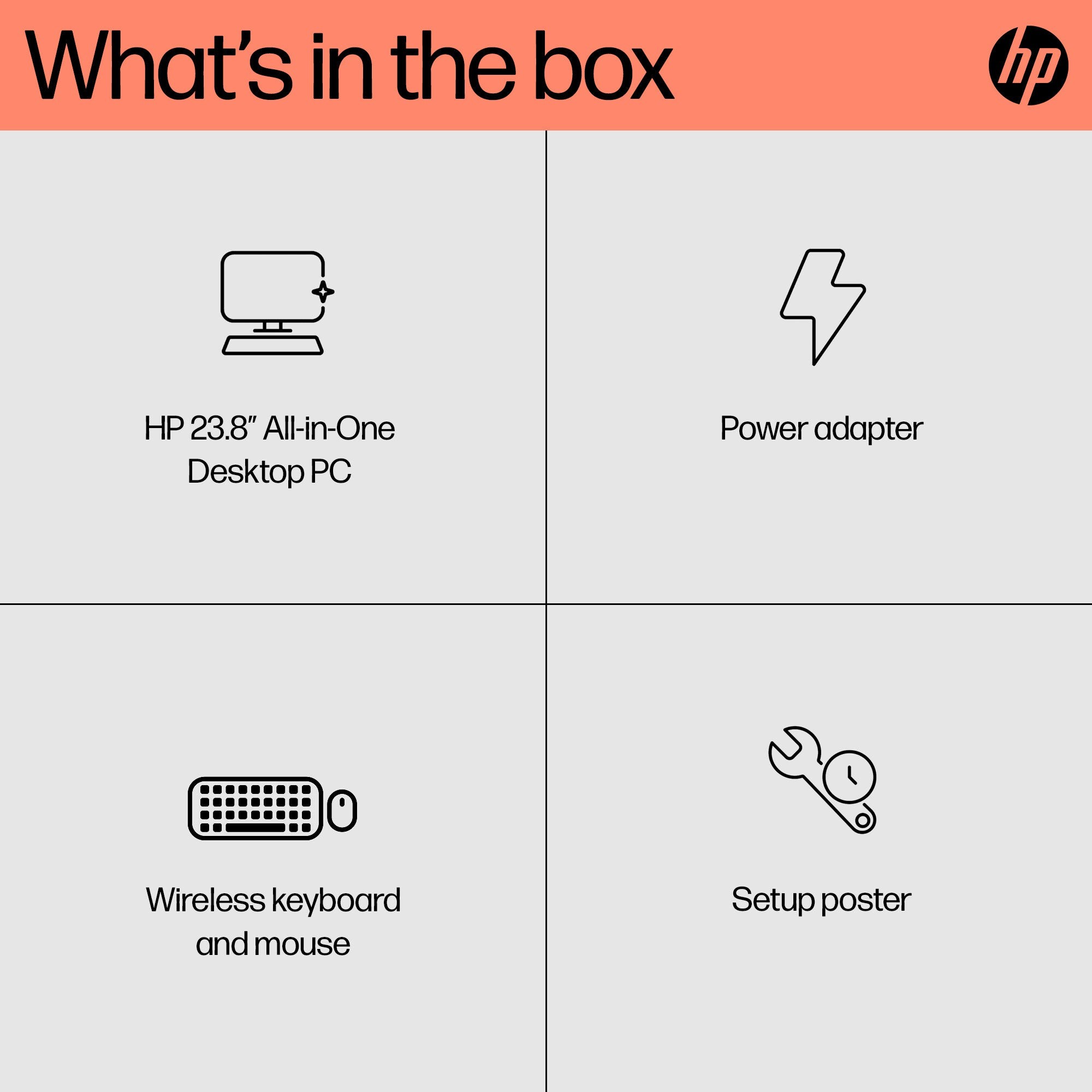 HP 24-cr0003na All-in-One Desktop PC featuring a sleek silver design, 23.8" Full HD display, AMD Ryzen 5 processor, 8GB RAM, and 512GB SSD, accompanied by a wireless keyboard and mouse.