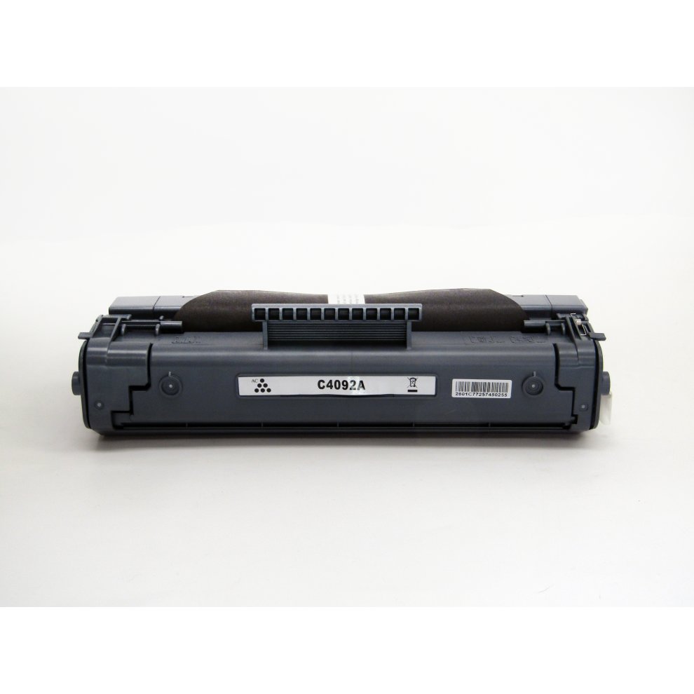 Gray toner cartridge with a black handle, labeled C4092A, featuring a barcode and a triangular logo on the side, designed for HP and Canon printers.